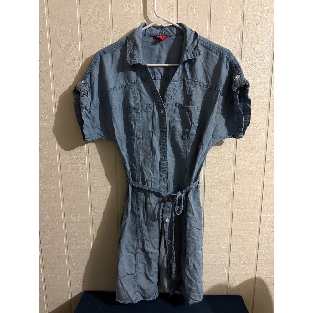 Guess Los Angeles Blue Chambray Button Down Belted Shirt Dress Small